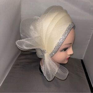 CHARM'S Hat Church/Kentucky Derby/Wedding Elegant Glam Bow Rhinestone White Adju